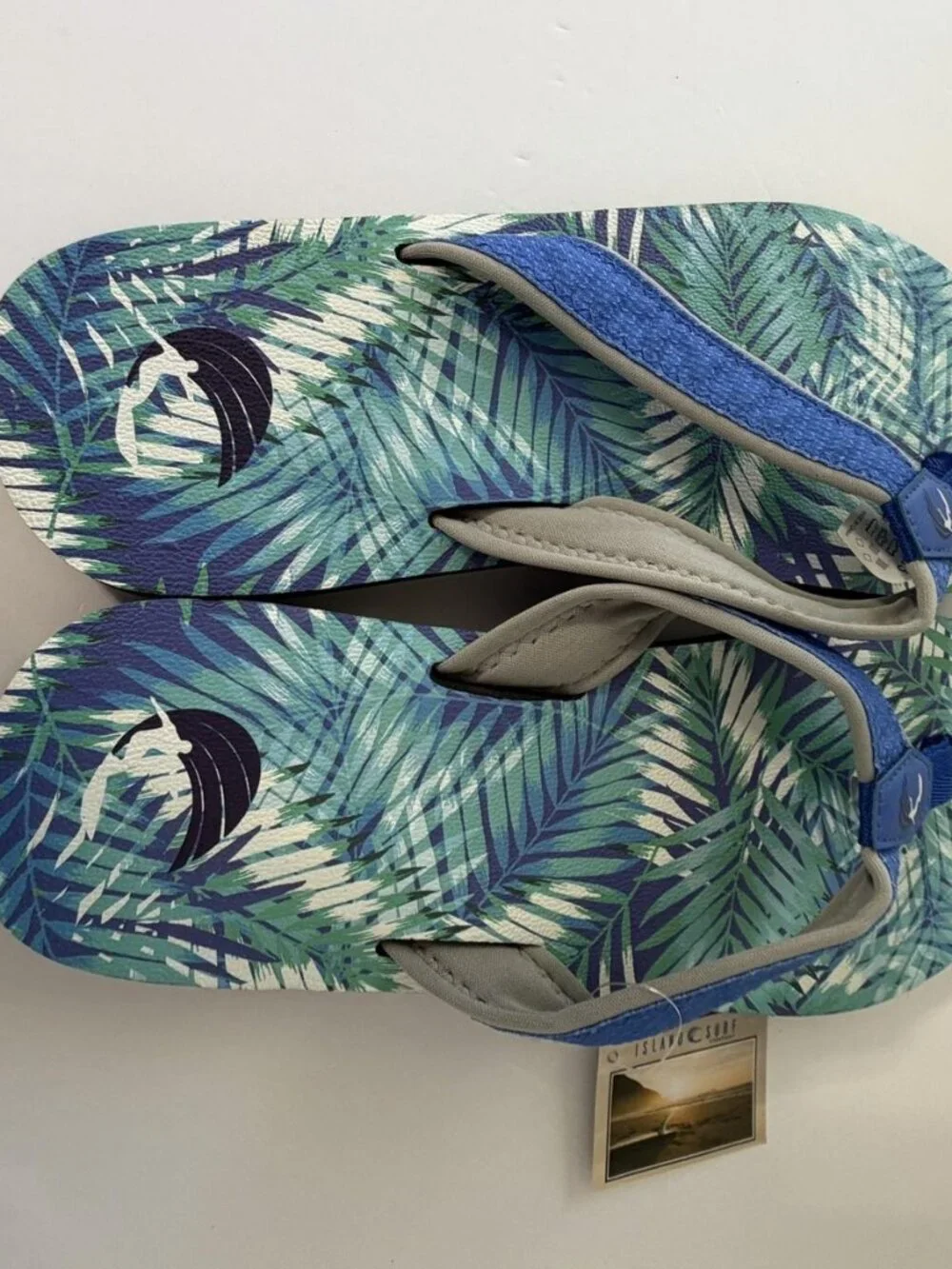 Island Surf Sandals Mens Size 10 Blue Tropical Palm Print Flip Flop Beach